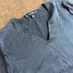 Emanuel Ungaro Vintage Designer 100% Silk Blouse V-neck Long Sleeve Top Black L
